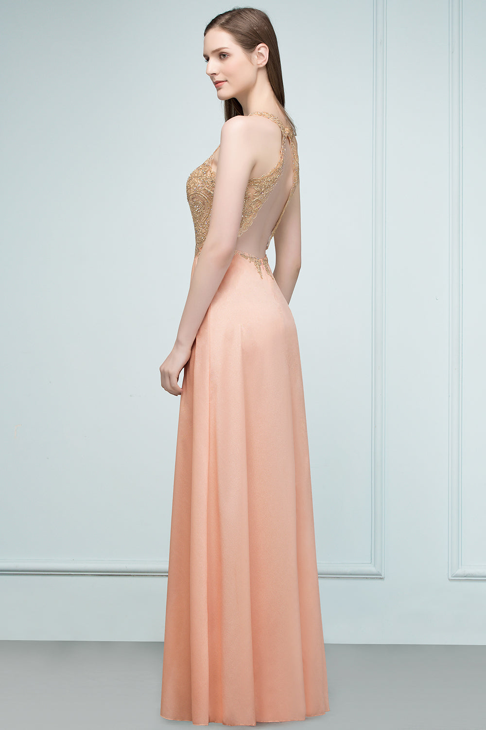 Long V-neck Chiffon Lace A-line Evening Dress