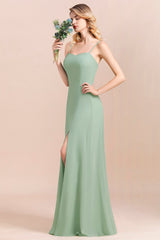 Romantic Sage Long Spaghetti Straps A-Line Chiffon Bridesmaid Dress With Side Slit