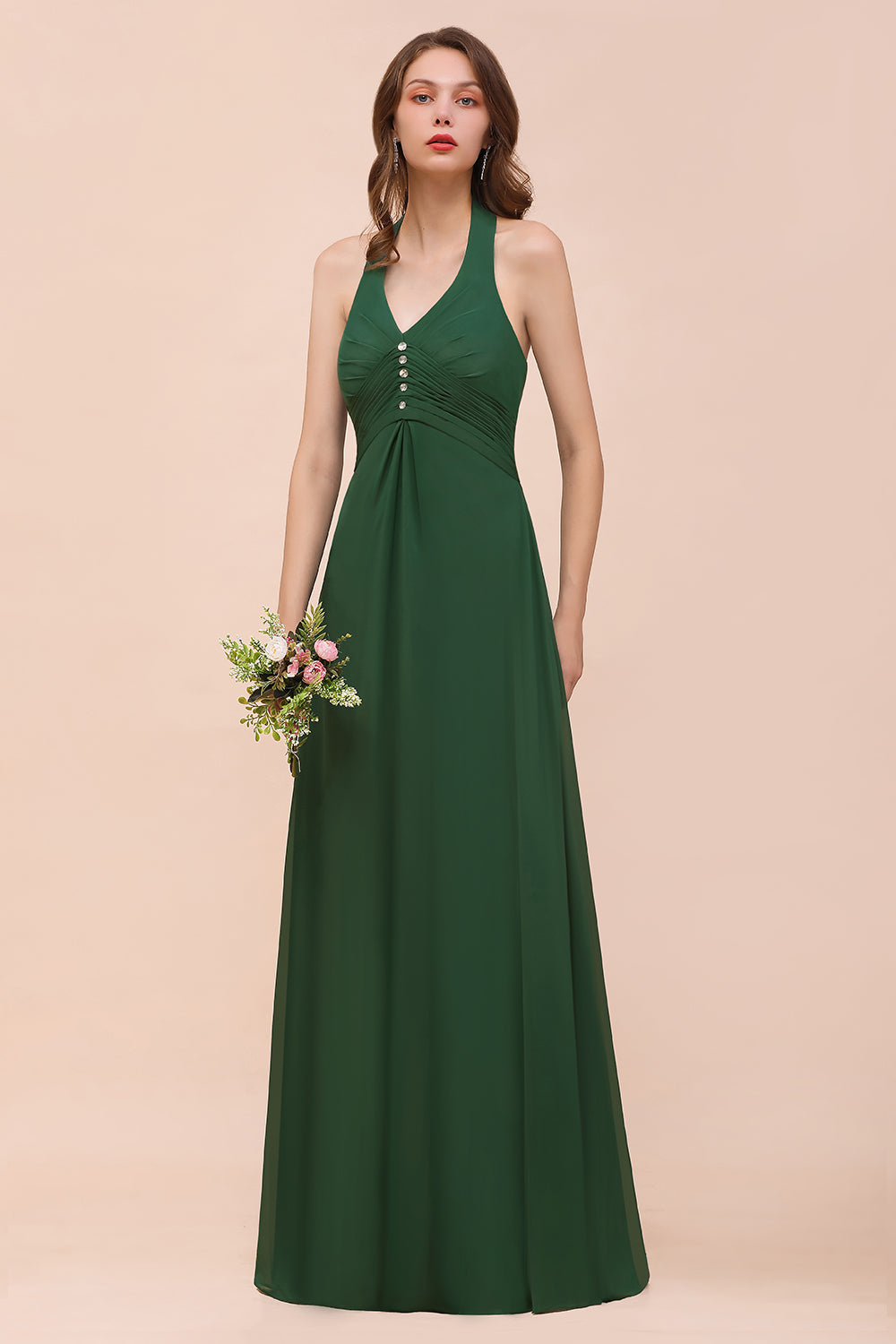 Elegant Halter Deep V-neck A-line Chiffon Bridesmaid Dress With Crystal Embellishment