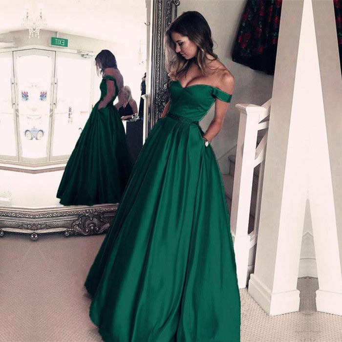 Elegant Long A-line Off the Shoulder Satin Prom Dress with Pockets