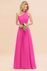 Elegant Fuchsia A-line Chiffon Ruffles One Shoulder Long Bridesmaid Dress