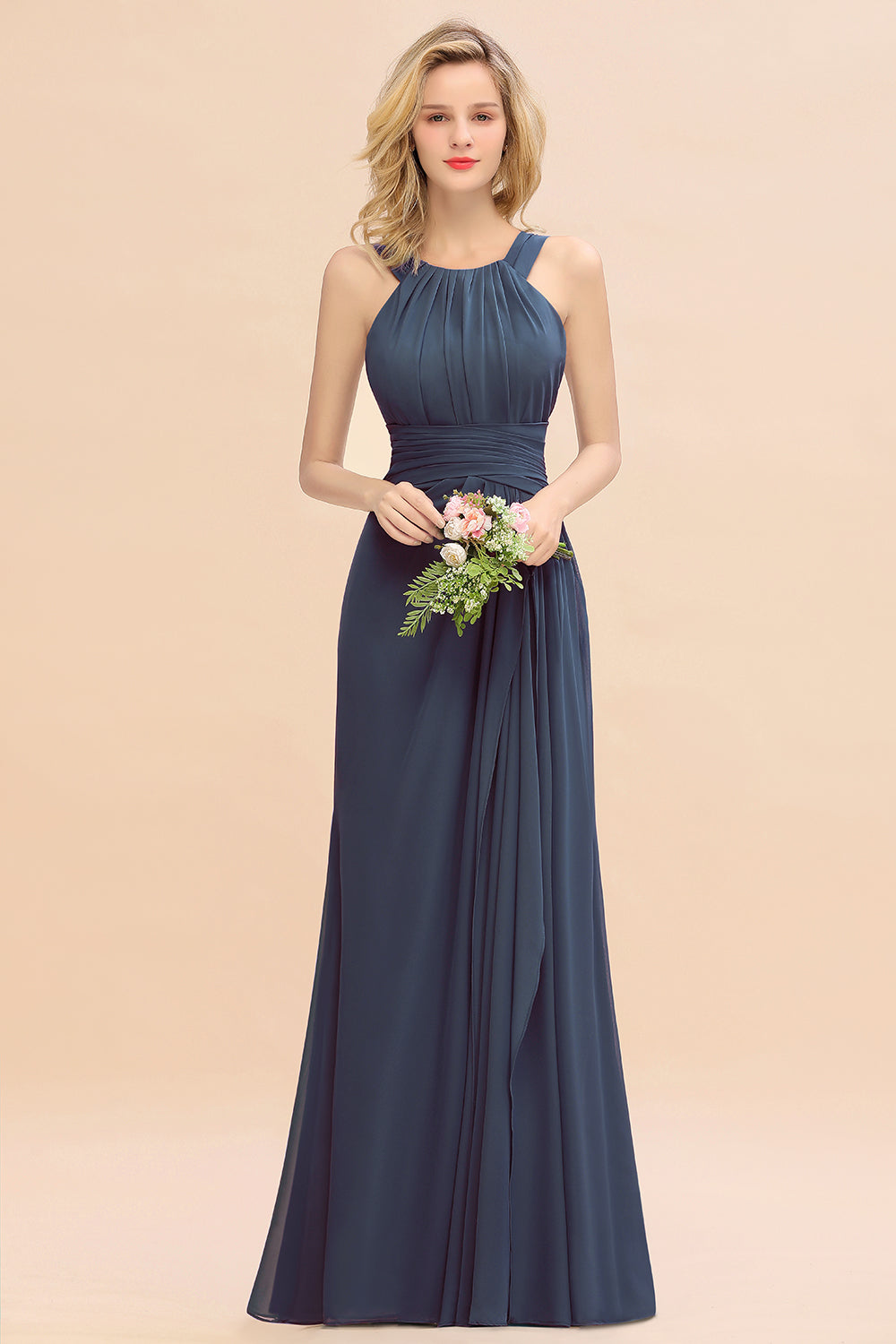 Long A-line Halter Chiffon Backless Floor Length Bridesmaid Dresses