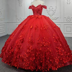 Gorgeous Red Long Ball Gown Off the Shoulder Tulle Lace Wedding Dresses