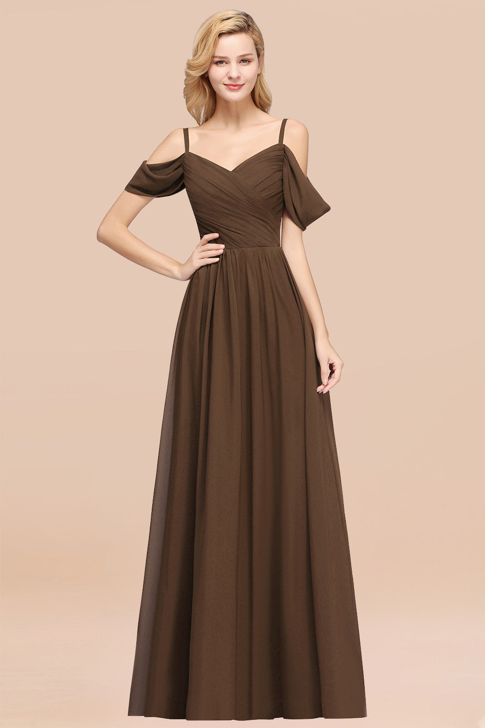 A-Line Chiffon V-Neck Spaghetti Straps Short Sleeves Floor Length Bridesmaid Dresses with Ruffles