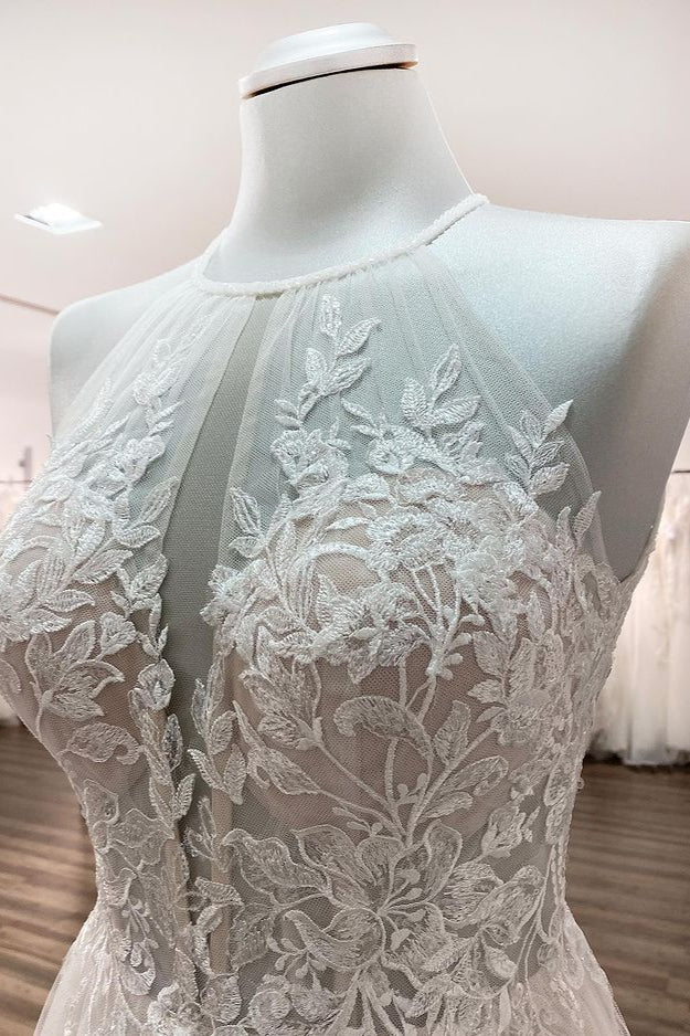 Long Halter Sleeveless Tulle A-line Open Back Wedding Dresses With Lace