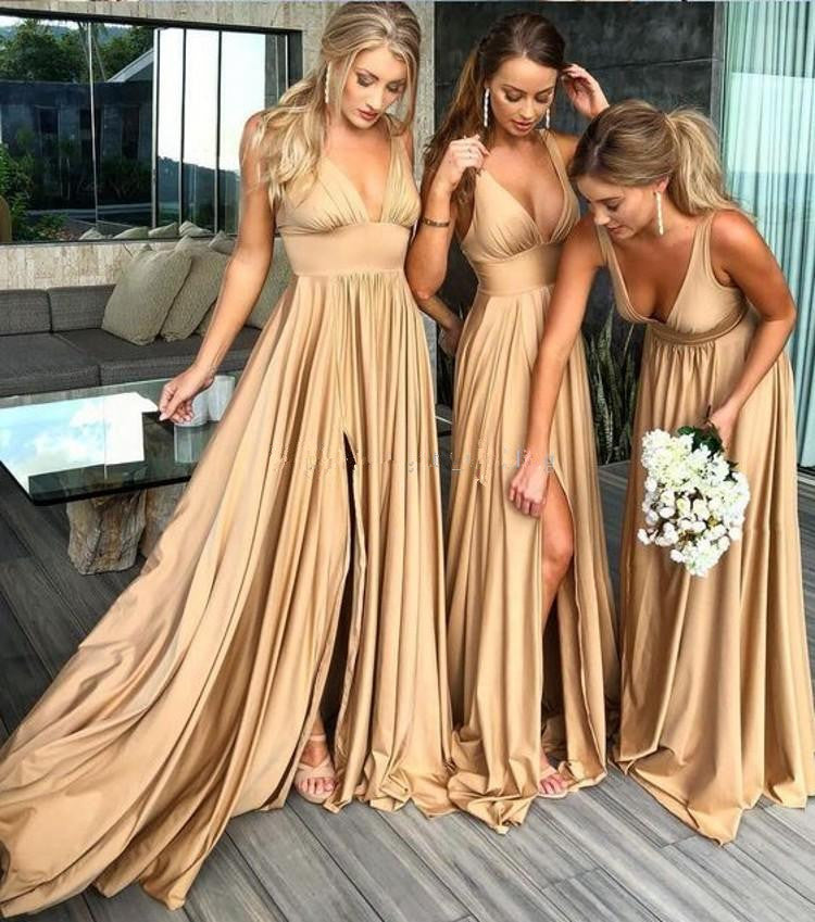 Elegant Long A-line V-neck Chiffon Sleeveless Bridesmaid Dress with Slit