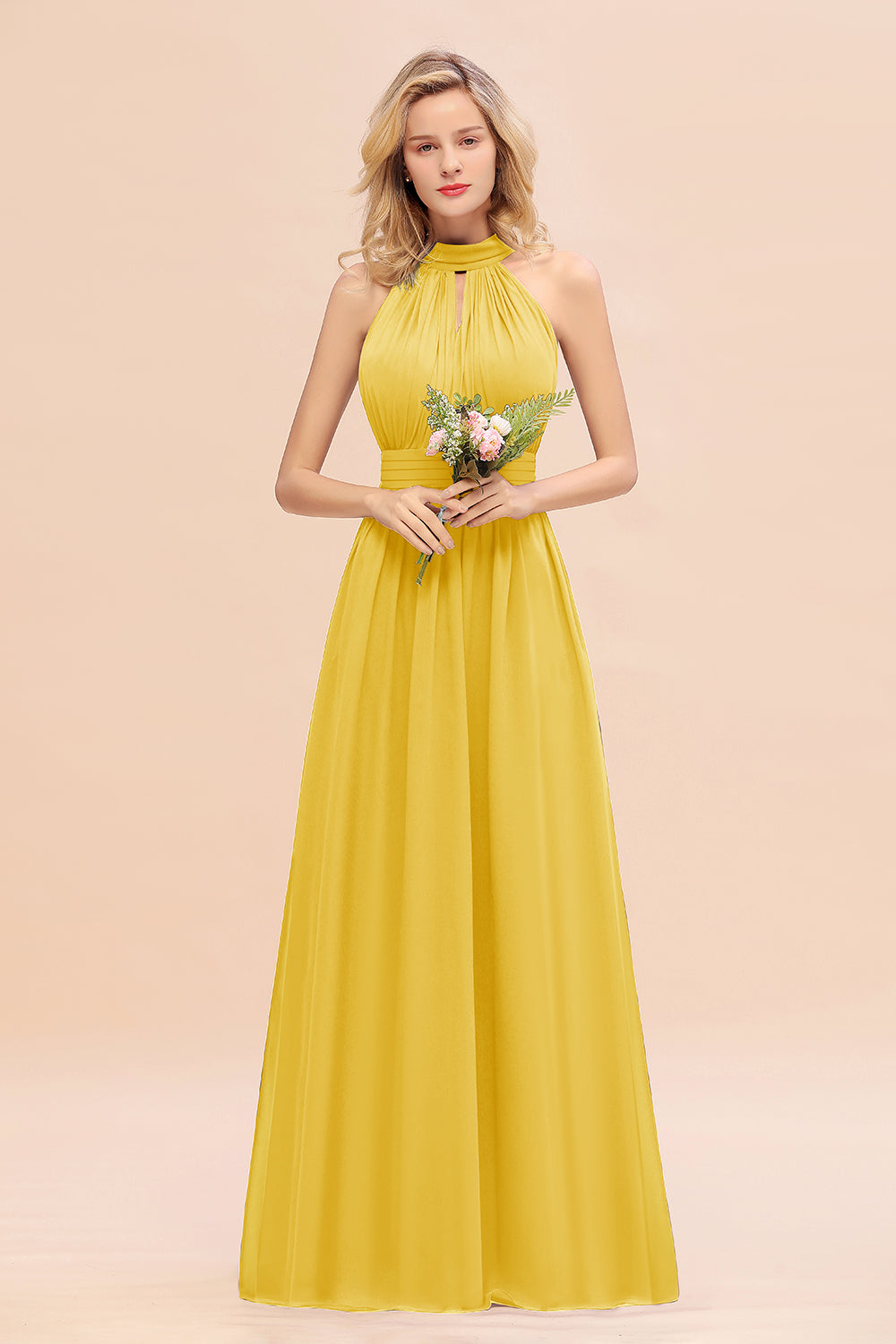 Dusty Sage Long High Neck Chiffon Bridesmaid Dresses with Ruffle