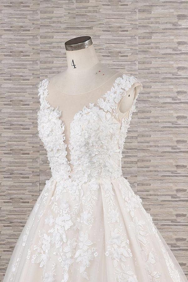 Elegant Plus Size Long Lace Appliques Tulle A-line Wedding Dress