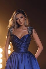 Royal Blue Long A-line Sweetheart Satin Beaded Formal Prom Dresses with Pockets