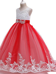 Long Ball Gown Tulle Sleeveless Jewel Neck Wedding Party Flower Girl Dresses With Bow