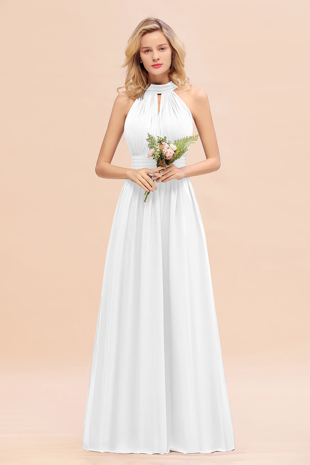 Dusty Sage Long High Neck Chiffon Bridesmaid Dresses with Ruffle