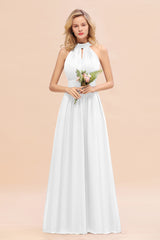 Dusty Sage Long High Neck Chiffon Bridesmaid Dresses with Ruffle