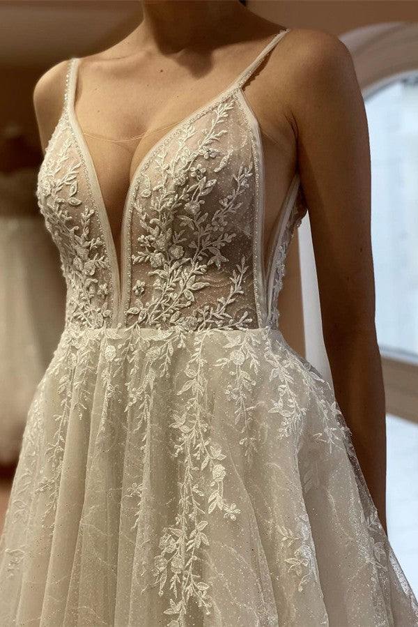 Boho White Long A-line V-neck Tulle Lace Backless Wedding Dresses