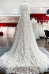 Gorgeous Long A-line Off the Shoulder Tulle Appliques Lace Ruffles Wedding Dress