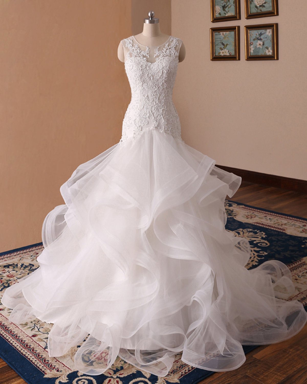 White Mermaid Lace Ruffled Long Tulle Wedding Dress