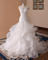 White Mermaid Lace Ruffled Long Tulle Wedding Dress