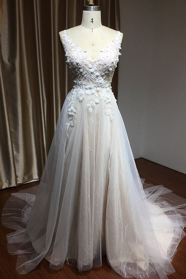 Long Straps Floral Lace Appliques A-line Side Split Backless Wedding Dress