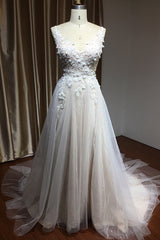 Long Straps Floral Lace Appliques A-line Side Split Backless Wedding Dress