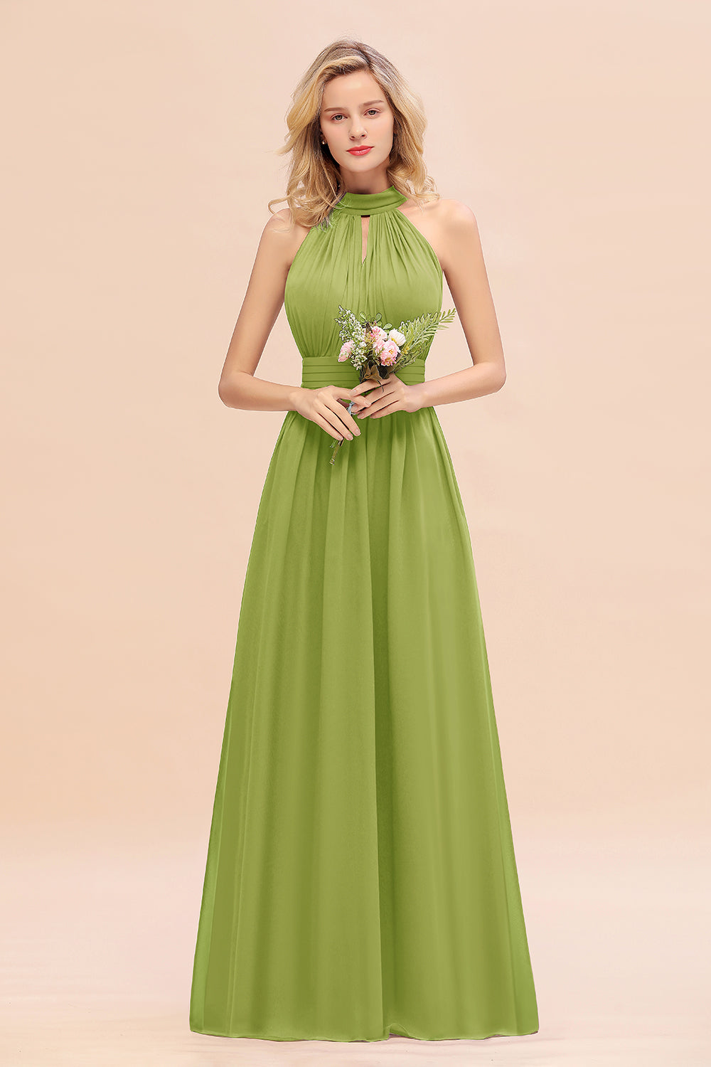 Dusty Sage Long High Neck Chiffon Bridesmaid Dresses with Ruffle