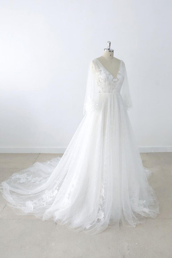 Long Sleeve A-line V-neck Appliques Tulle Wedding Dress