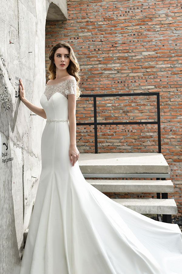 Long Mermaid Satin Lace Wedding Dress with Short Sleeve