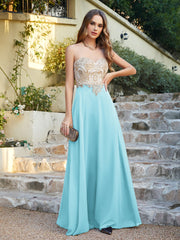Elegant Long A-line Chiffon Sleeveless Tulle Lace Appliques Prom Dress