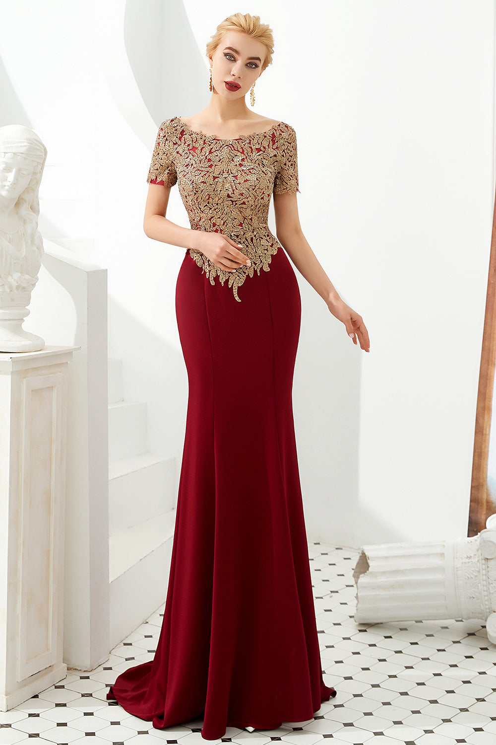 Mermaid Long Burgundy Jewel Lace Mermaid Formal Evening Dresses