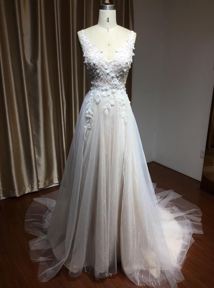Long Straps Floral Lace Appliques A-line Side Split Backless Wedding Dress
