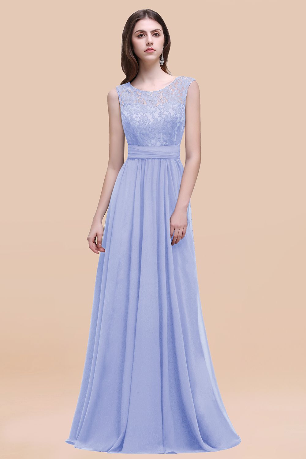 Elegant A-line Chiffon Lace Scoop Sleeveless Floor Length Bridesmaid Dress