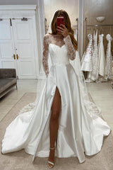 Long Sleeves A-line Sweetheart Satin Lace Front Slit Wedding Dresses with Pockets