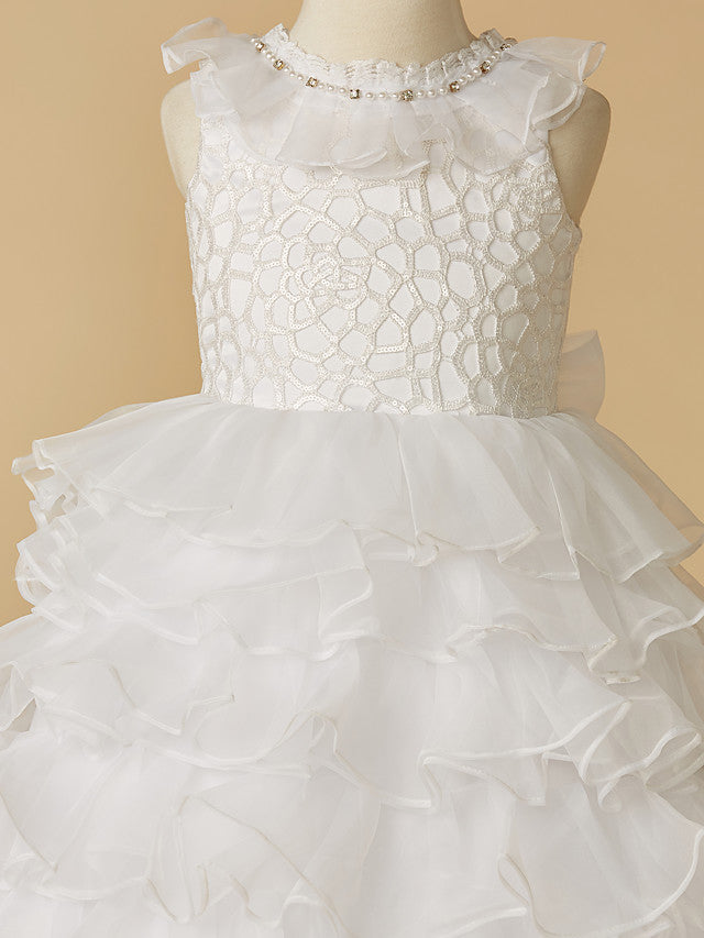 White Long A-line Tulle Lace Sleeveless First Communion Flower Girl Dresses