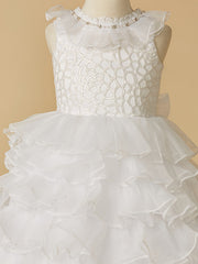 White Long A-line Tulle Lace Sleeveless First Communion Flower Girl Dresses