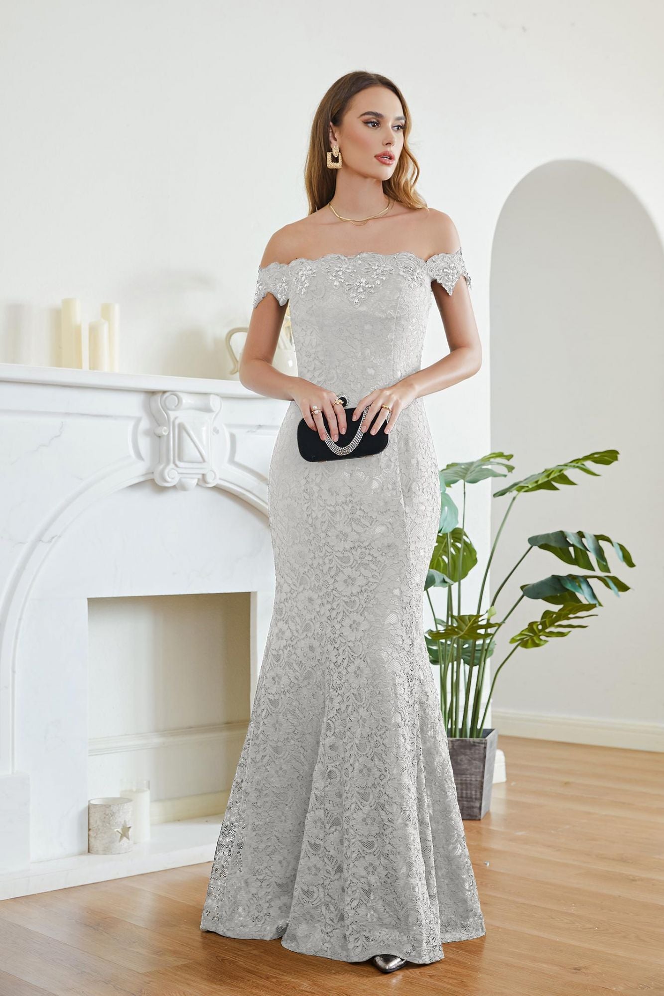 Long Off The Shoulder Floral Lace Mermaid Floor Length Formal Evening Dress