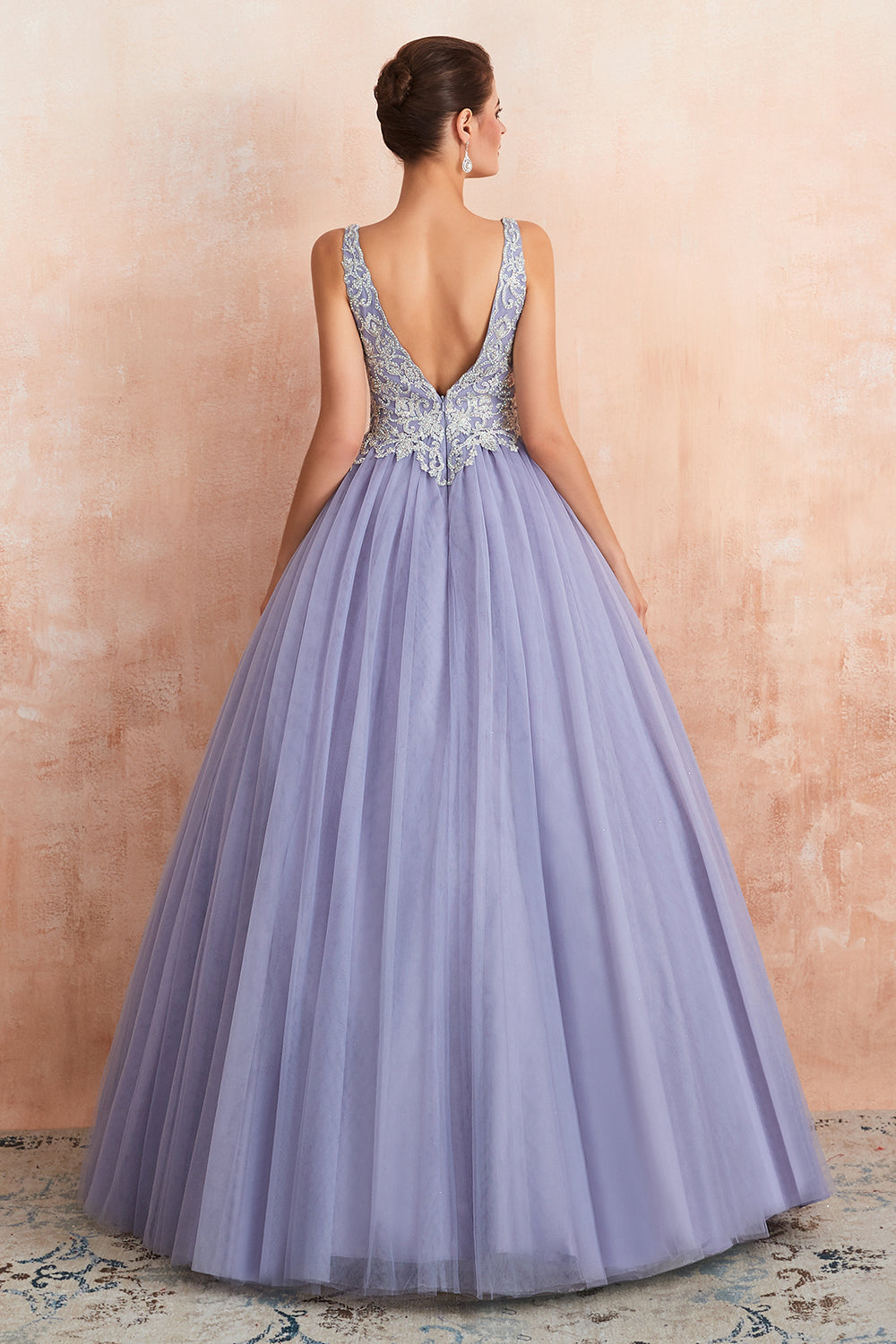 Long Ball Gown V-neck Tulle Lace Prom Dress