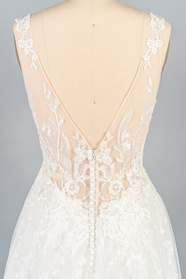 Long V-neck Appliques Tulle A-line Open Back Wedding Dress