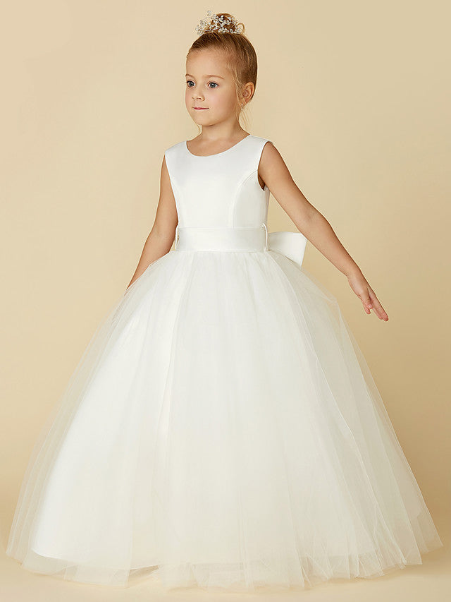 Long A-line Tulle Sleeveless Jewel Neck Satin First Communion Flower Girl Dresses
