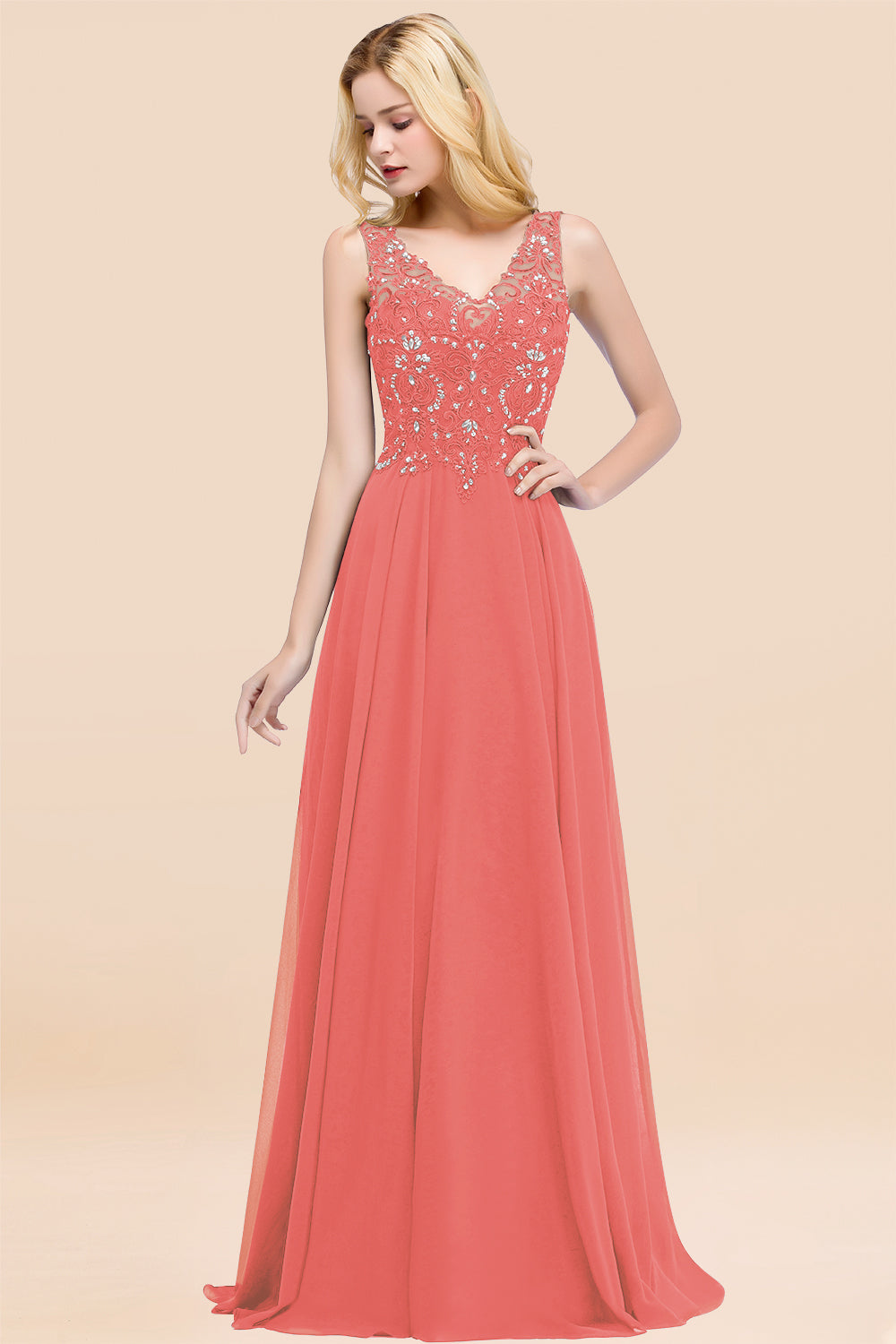 Dusty Rose Lace V-Neck Long Bridesmaid Dresses With Appliques