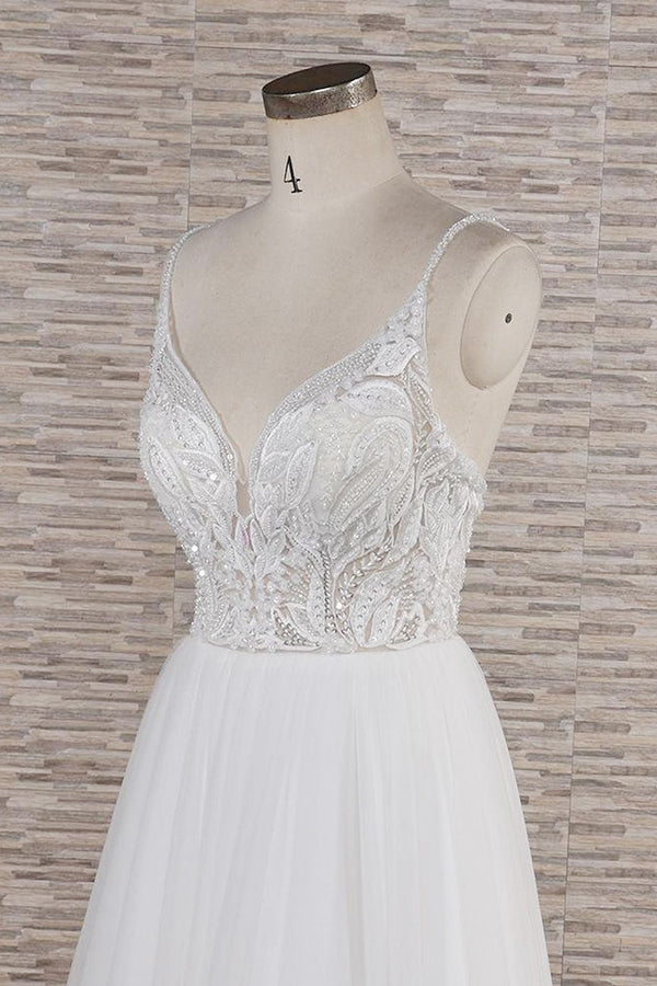 Chic Long A-line Spaghetti Strap Appliques Tulle Wedding Dress