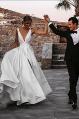 Elegant Long A-Line V-neck Satin Sleeveless Front Split Wedding Dress with Ribbons