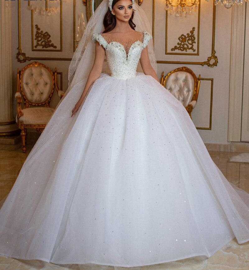 Glamorous Long Off the Shoulder Beading Tulle Ball Gown Wedding Dress