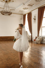 Short A-line Off the Shoulder White Tulle Knee Length Prom Dress with Sleeves