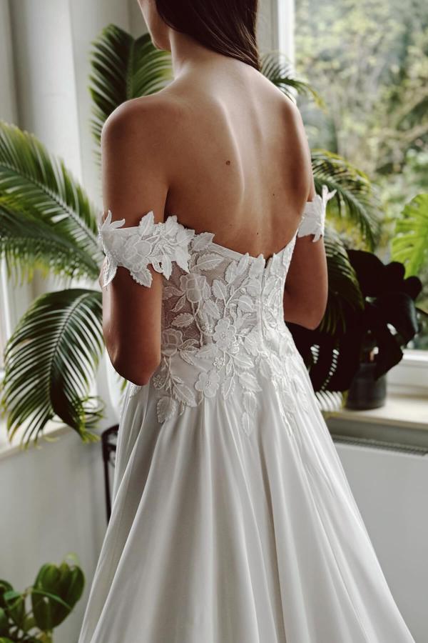 Long Off The Shoulder Open Back A Line Chiffon Wedding Dress