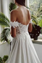 Long Off The Shoulder Open Back A Line Chiffon Wedding Dress