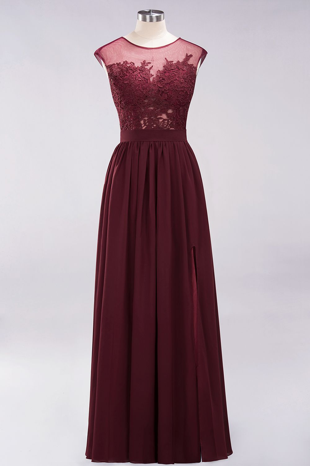 A-line Chiffon Lace Jewel Sleeveless Floor Length Bridesmaid Dresses with Appliques