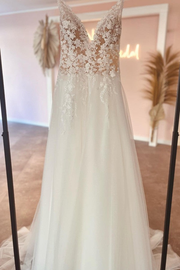 Elegant Long A-line Tulle Backless Tulle Lace Wedding Dresses