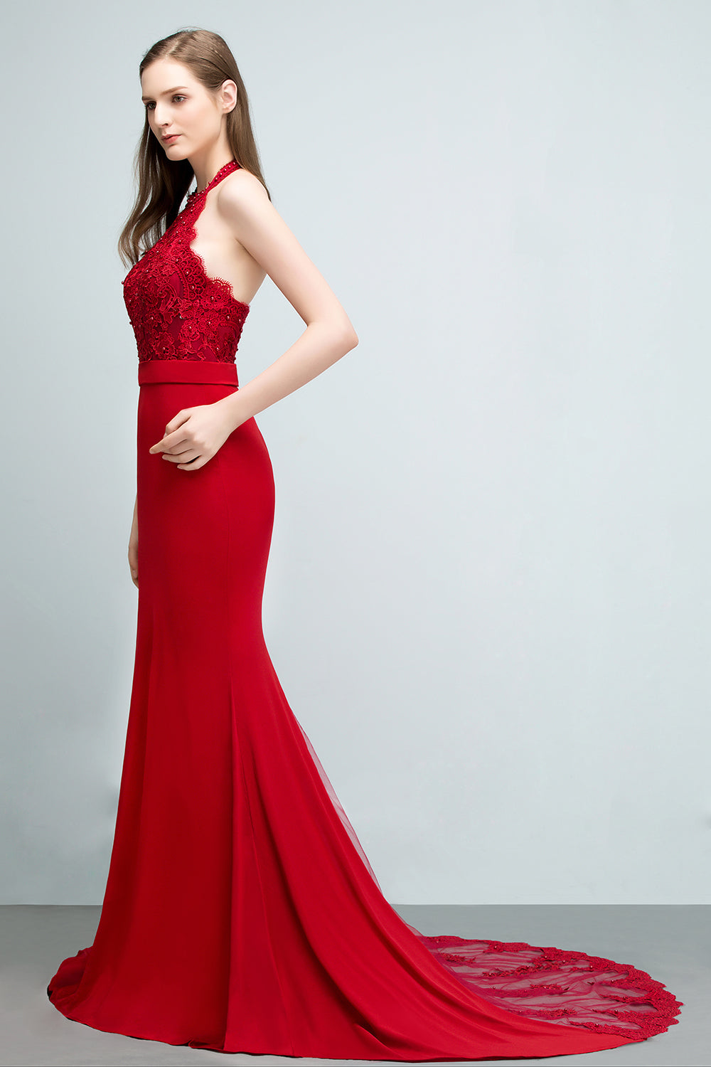 Long Halter Lace Satin Mermaid Red Evening Dress