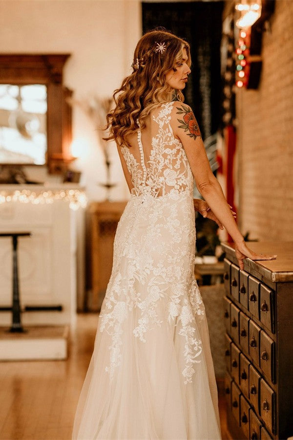 Elegant Long Mermaid V-neck Straps Tulle Lace Wedding Dress with Ruffles