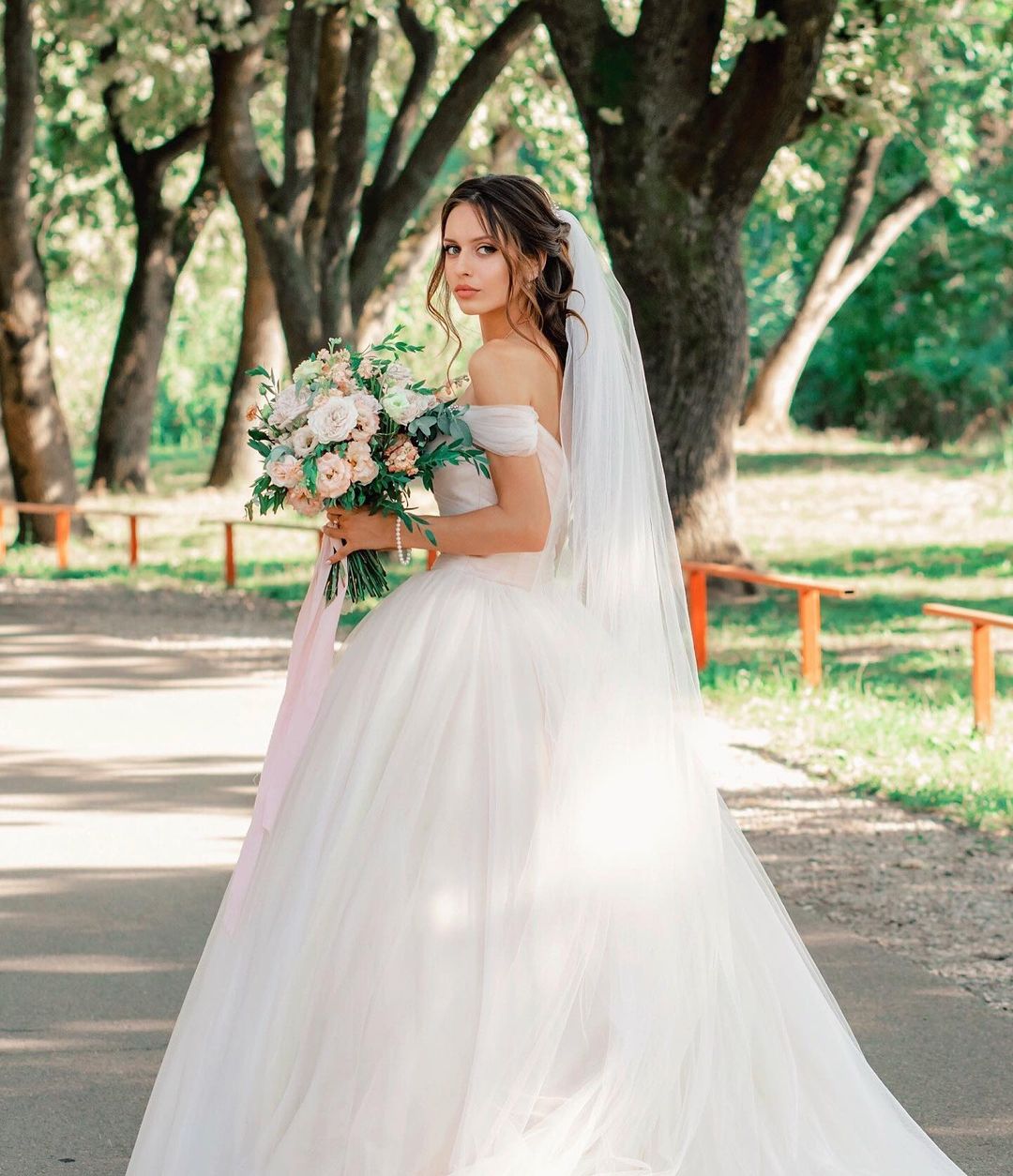 Beautiful Long Tulle Off the Shoulder A-line Wedding Dress with Chapel Train
