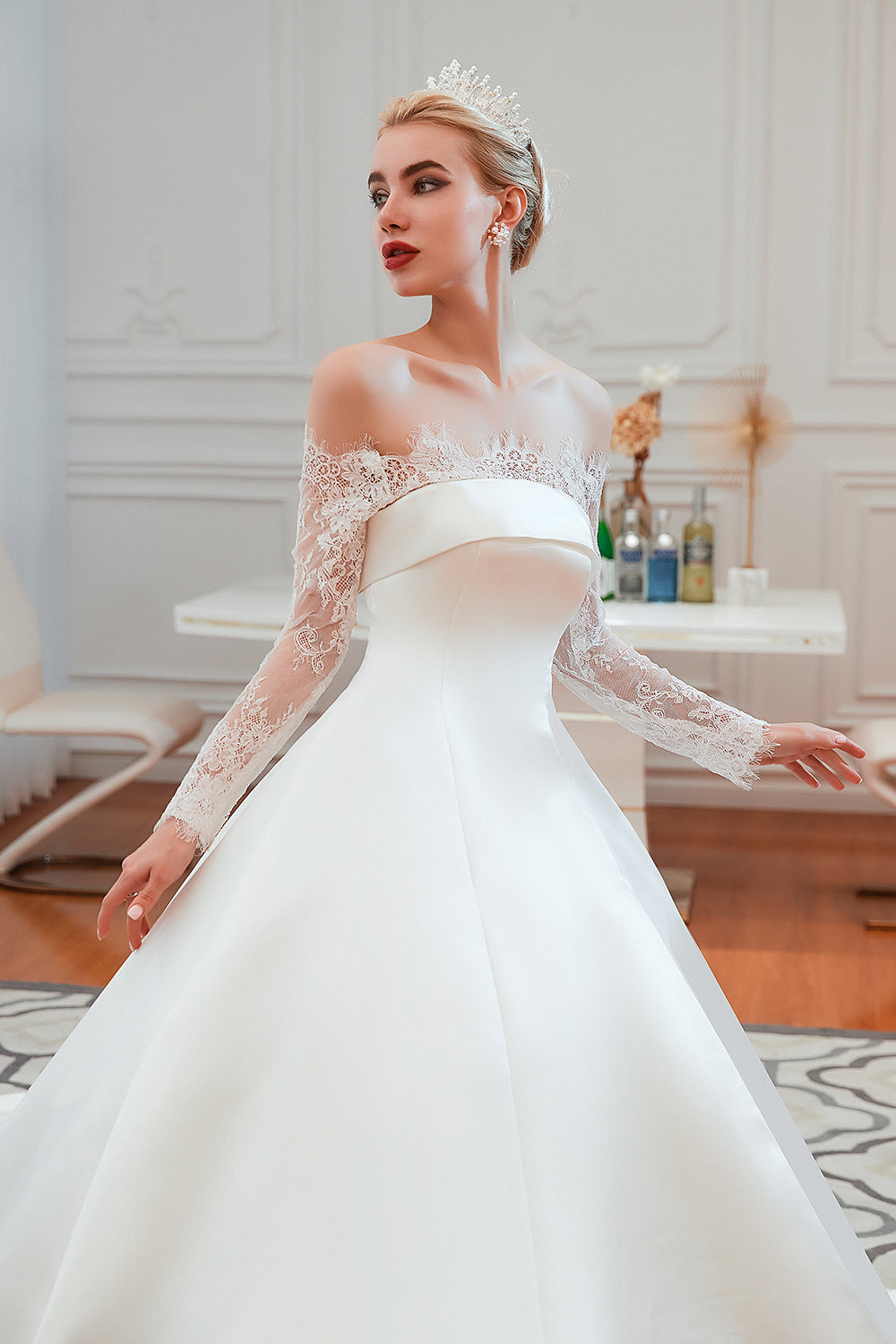Stunning Off the Shoulder Long Sleeve A-Line Satin Church Wedding Dress