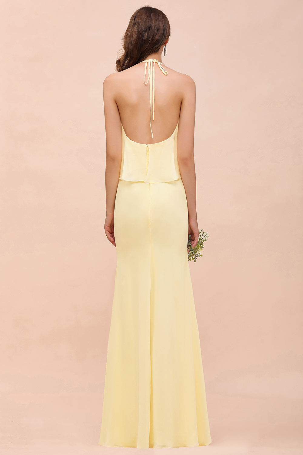 Gorgeous Long Mermaid Halter Chiffon Bakless Bridesmaid Dress with Ruffle